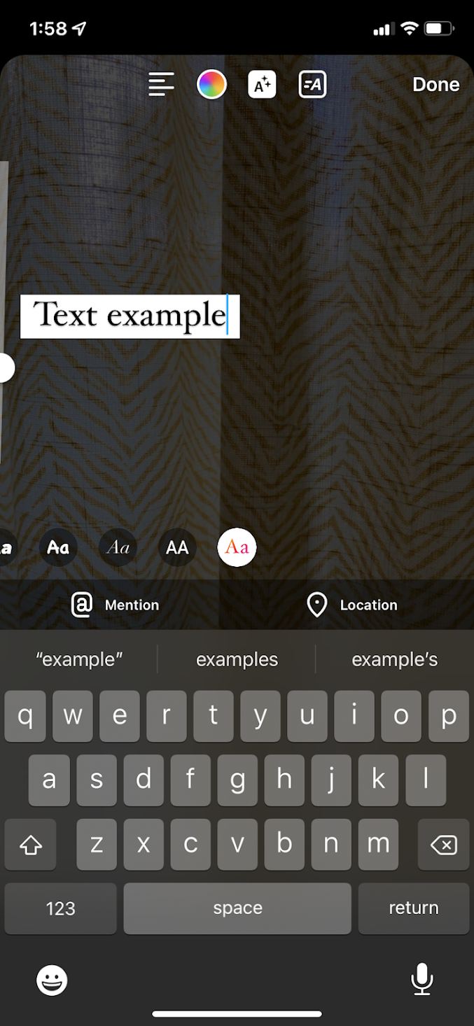 Instagram Stories creation window with "Text example" written on the screen