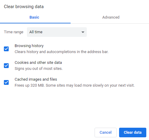 Check boxes for Browsing History, Cookies, and Cache